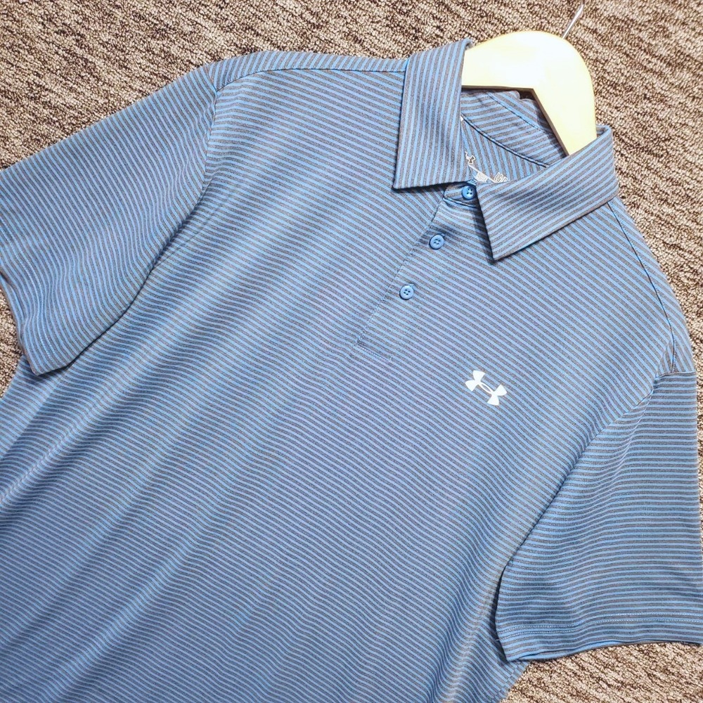 Under Armour Golf‎ Polo Shirt Mens Large Blue Striped HeatGear Loose Fit Top